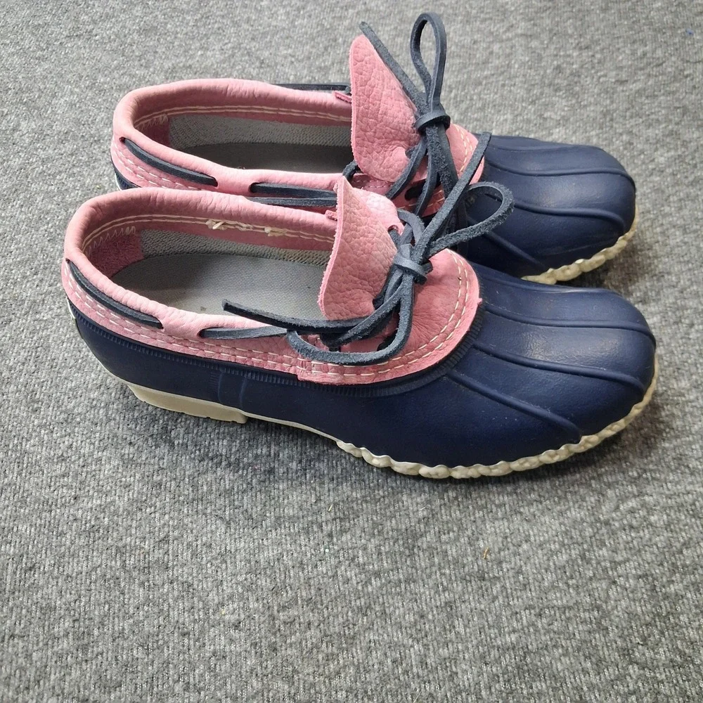 LL Bean Boots Rubber Moc Navy Blue Pink Leather Duck Shoes Womens size 9 M